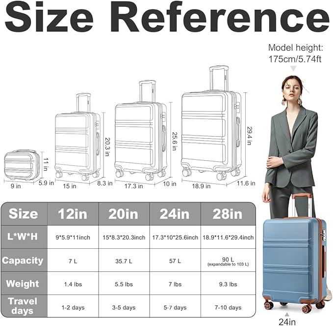 Kono 24 Inch Luggage Suitcase with Spinner Wheels TSA Lock Lightweight PC+ABS Hardside Medium Checked Luggage Durable Rolling Suitcase Apricot Blue
