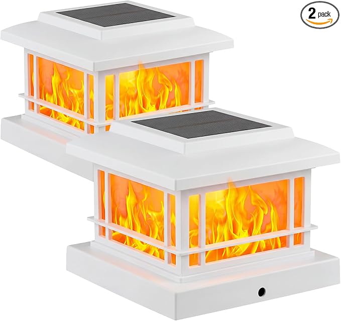 JOFIOS Flickering Flame Solar Post Cap Lights Outdoor, White Post Lights with 3 Color Temperature, Fits 3.5" 4" 4.5" 5" Wood/Vinyl Posts, IP64 Waterproof Fence Deck Lights for Garden Patio Yard 2 Pack