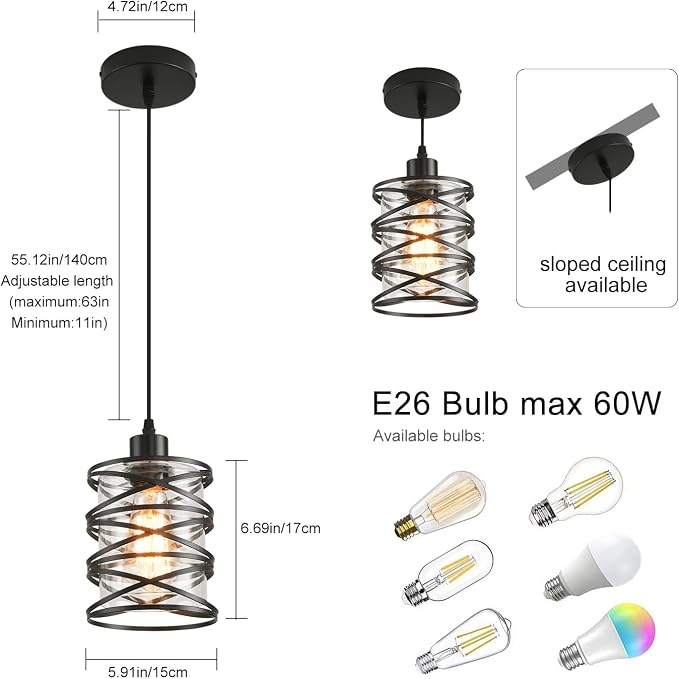 3 Pack Pendant Light Kitchen Island Pendant Lighting, Glass Hanging Light with Spiral Cage Clear Glass Shade, Black Modern Indoor Hanging Lamp