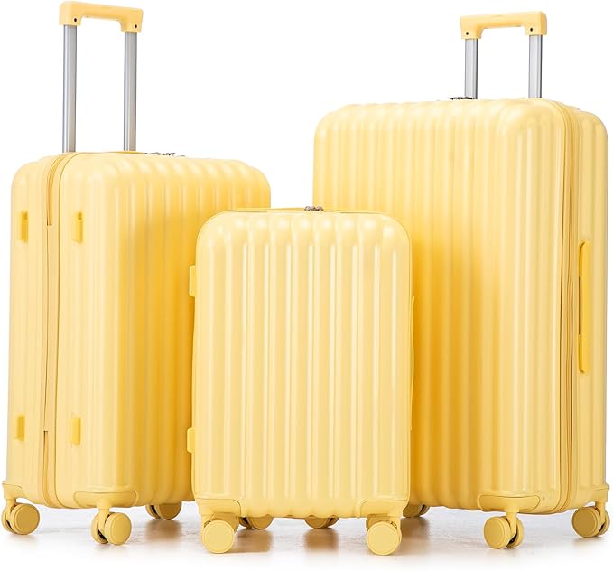 Luggage Set,3 Piece Suitcase with Spinner Wheels, Suitcase with Lock Cup Holder Phone Holder,Carry On Luggage Easy Travel for Men and Women,Yellow