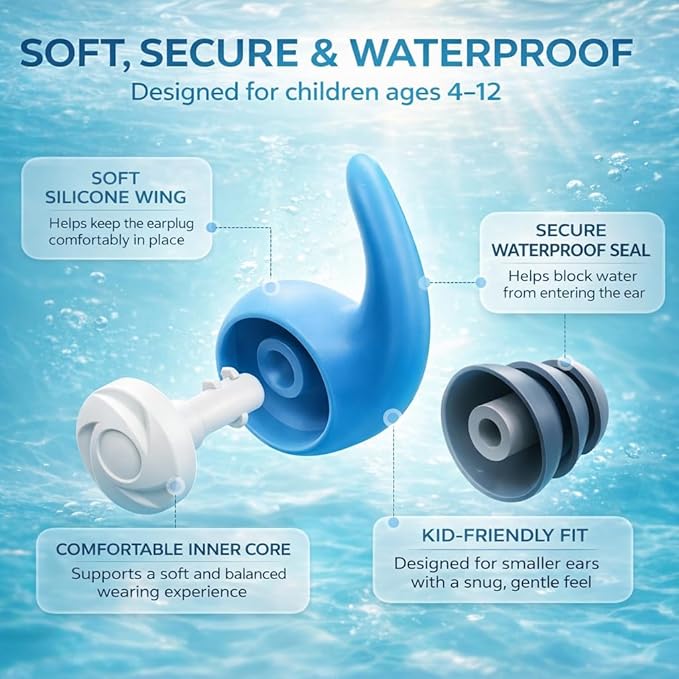 Waterproof Swimming Ear Plugs for Kids - 3 Pairs of Reusable Soft Silicone Swim Earplugs,Ear Protection for Children (4-12 Years Old) - Ideal for Surfing, Diving, Pool, Showering, and Water Sports