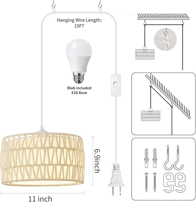 Plug in Pendant Light, Rattan Hanging Lights with Plug in Cord | Woven & Fabric 2 in 1 LampShade, Hanging Lamp Plug in for Bedroom Living Room Kitchen Island-Cream (Bulb Included)