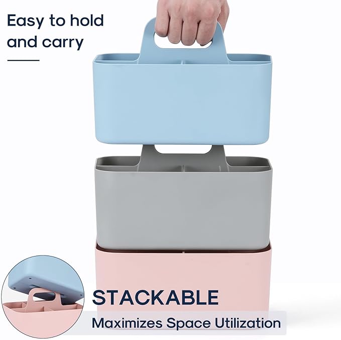 Multiuse Caddy Organizer with Handle, Portable Divided Plastic Tote Bin - Art Craft, Stationary Pen Marker Crayons, Makeup Hair Supplies Storage - Bathroom, Classroom, Dorm, Office, Desk Holder - Blue