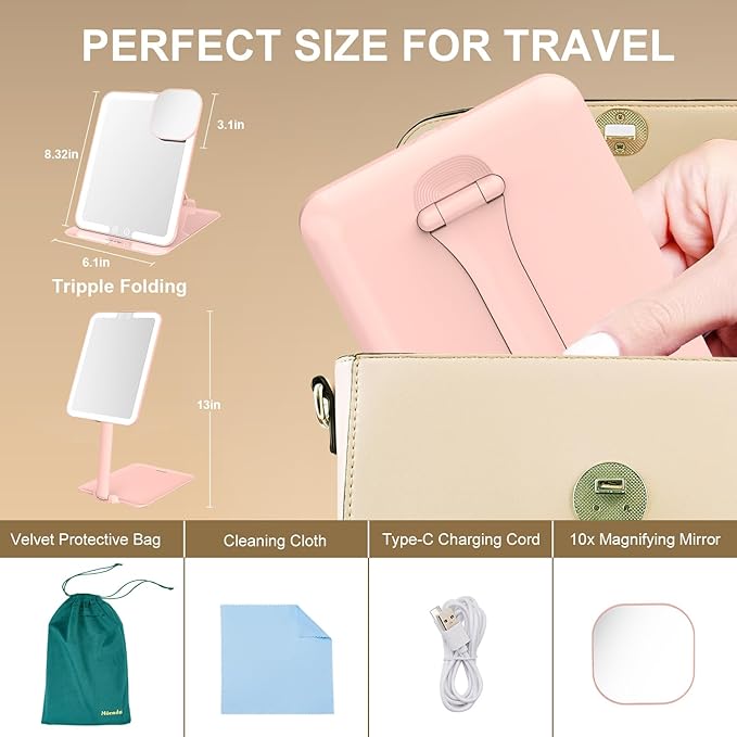 Mocado Travel Makeup Mirror with Light, Tripple Folding Vanity Mirror with Lights, 3 Colors Lighted Makeup Mirror, 1500mAh Rechargeable, Memory Function, Freely Adjust Height and Angle(Pink)