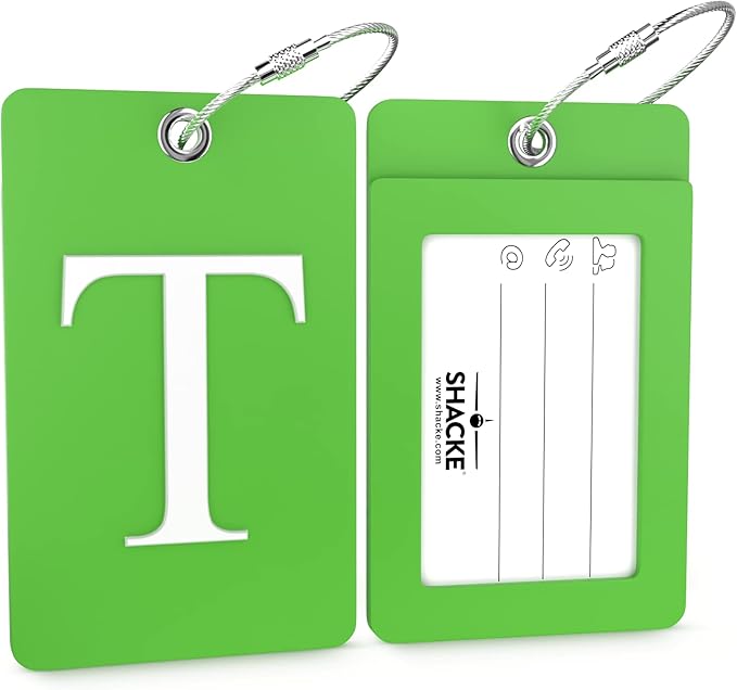 Shacke Luggage Tag Initial – Fully Bendable Tag w/Stainless Steel Loop (Letter T)