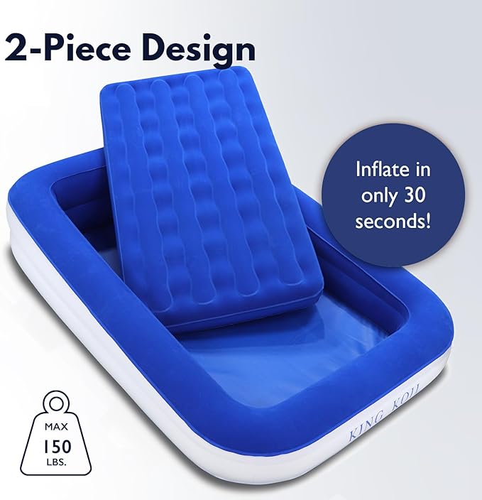 King Koil Luxury Toddler Inflatable Child Airbed, Travel Bed with Built-in Safety Bumper, Portable Air Mattress for Kids, Includes High-Speed Pump - Blue