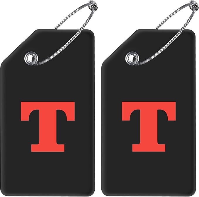 Gostwo 2 Pack Silicone Luggage Tags for Suitcases, 26 Initial Letter Baggage Labels Handbag School Bag Suitcase Instrument Tag with Stainless Steel Loop(Black)(Letter T)