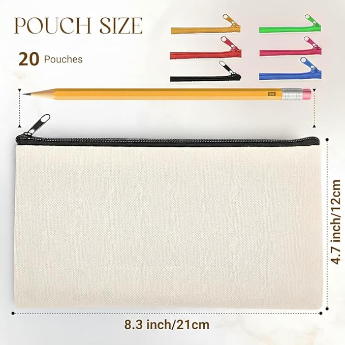 Cruleen 20 PCs Blank Canvas Zipper Pouch Bulk, Makeup Bags Bulk Pencil Pouch with Zipper–Multi-Purpose DIY Crafts Toiletry Canvas Bags Case for Sublimation, Embroidery, Stationery & Cosmetic Storage