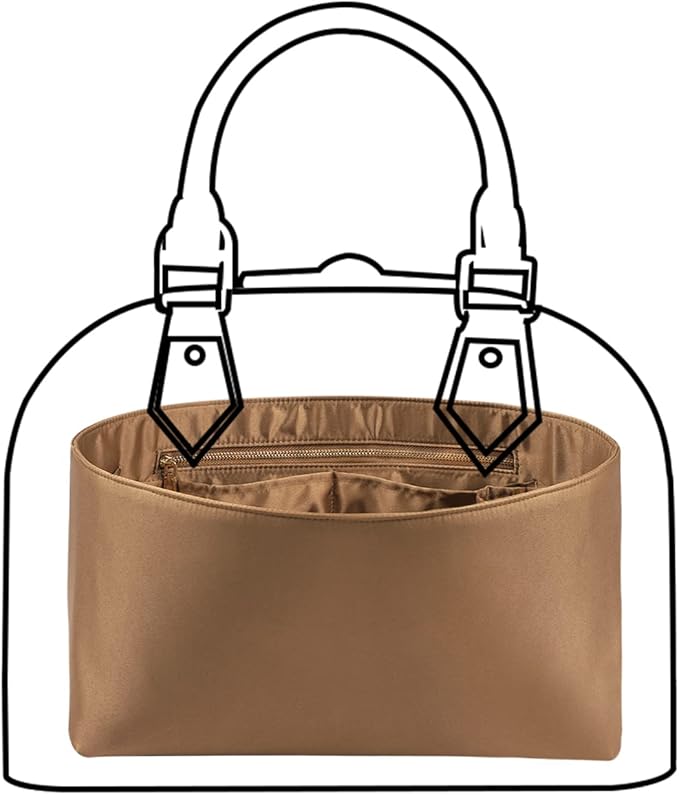 ZTUJO Purse Organizer Insert For Handbags, Silk Purse Organizer with Zipper, Silky Smooth, Bag Organizer For Speedy Neverfull Tote,onthego,Artsy, 6 Sizes (Slender Large, Silky Brown)