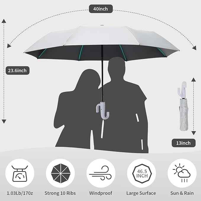 Compact Automatic Folding Travel Umbrella-Windproof Rainproof, PF50+ Sun Protection for Hiking,Outdoor,Chool,Golf Course & Daily Use,Sturdy Multi-Ribbed Frame