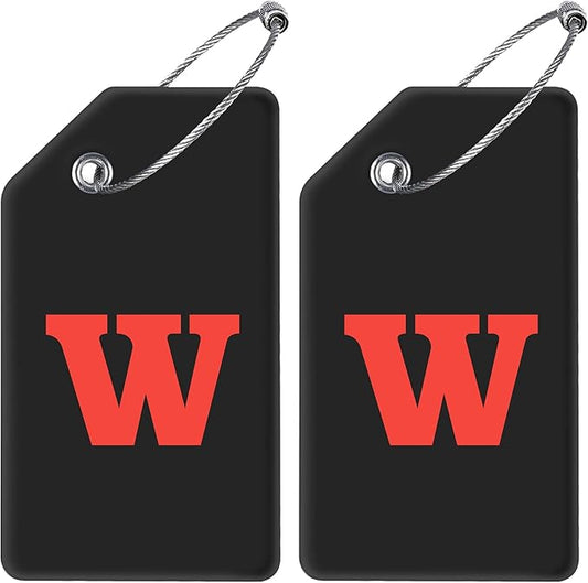 Gostwo 2 Pack Silicone Luggage Tags for Suitcases, 26 Initial Letter Baggage Labels Handbag School Bag Suitcase Instrument Tag with Stainless Steel Loop(Black)(Letter W)