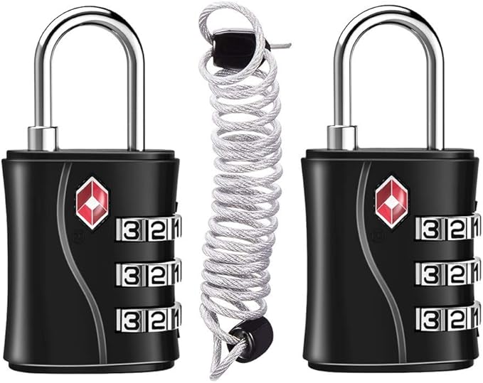 ZHEGE Suitcase Locks TSA Approved, 3 Digit Luggage Locks with Flexible Cable (30 in) for Travel, School & Gym Locker (Black, 2 Pack)