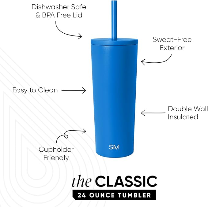 Simple Modern Classic Tumbler with Straw Lid | Insulated Iced Coffee Cup Reusable Stainless Steel Water Bottle Travel Mug | Gifts for Women Men Her Him | 24oz | Supersonic Blue