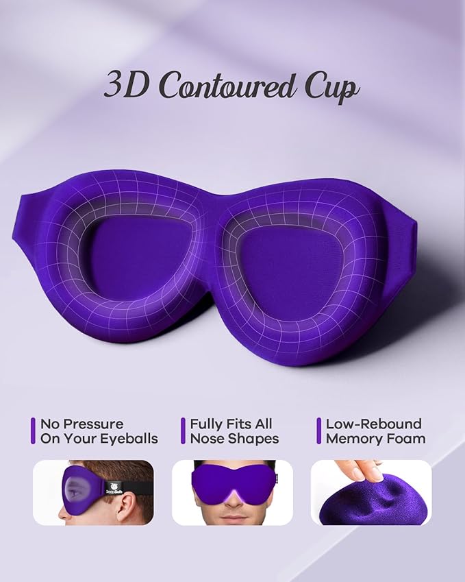 3D Contoured 100% Blackout Eye Mask, Sleep Mask with Adjustable Strap, Night Blindfold for Women Men, Eye Mask for Sleeping, Purple