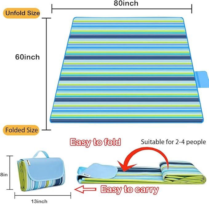 Picnic Beach Blanket, Picnic Mat 80x60in Waterproof Foldable, Family Mat, Portable Large Picnic Blankets for Travel, Hiking, Music Festival