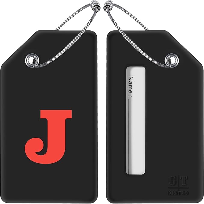 Gostwo 2 Pack Silicone Luggage Tags for Suitcases, 26 Initial Letter Baggage Labels Handbag School Bag Suitcase Instrument Tag with Stainless Steel Loop(Black)(Letter J)