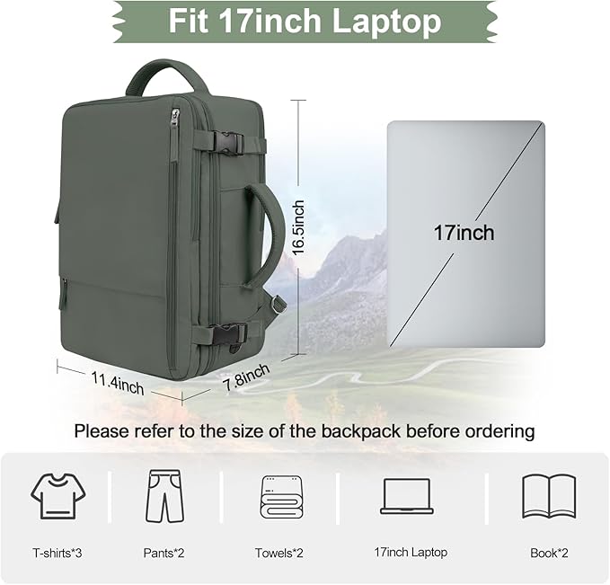 Hanples Travel Backpack as Personal Item Travel bag Flight Approved, 35L Carry on Backpack, 17 Inch Laptop Backpack, Waterproof Backpack, Casual Bag with 2 Toiletry Bags (Olive Green)