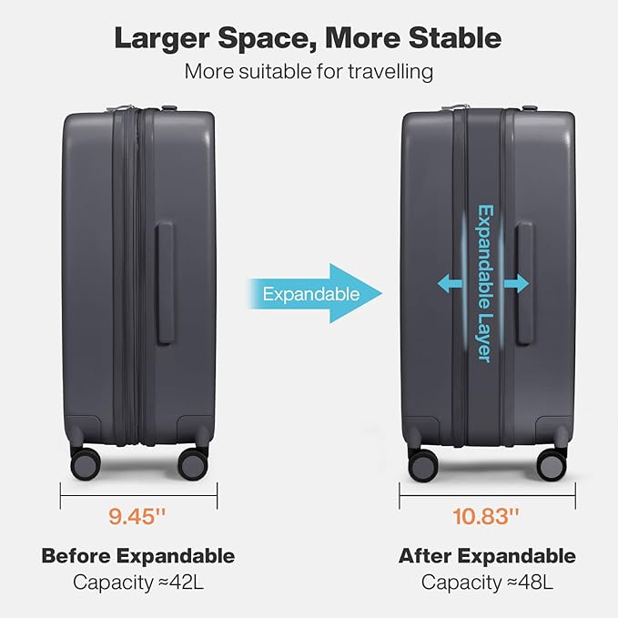 mixi 20 Inch Large Expandable Carry on Luggage Suitcase with Spinner Wheels, Hardside Rolling Travel Suitcase PC with TSA Lock, Rock Gray