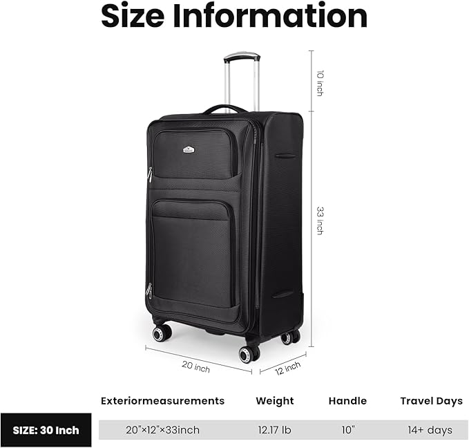30'' Large Softside Suitcase,Expandable 15% Luggage,w/Double Spinner Wheels w/Combination LOCK,Lightweight Travel Suitcase for Travel（Black,30in）