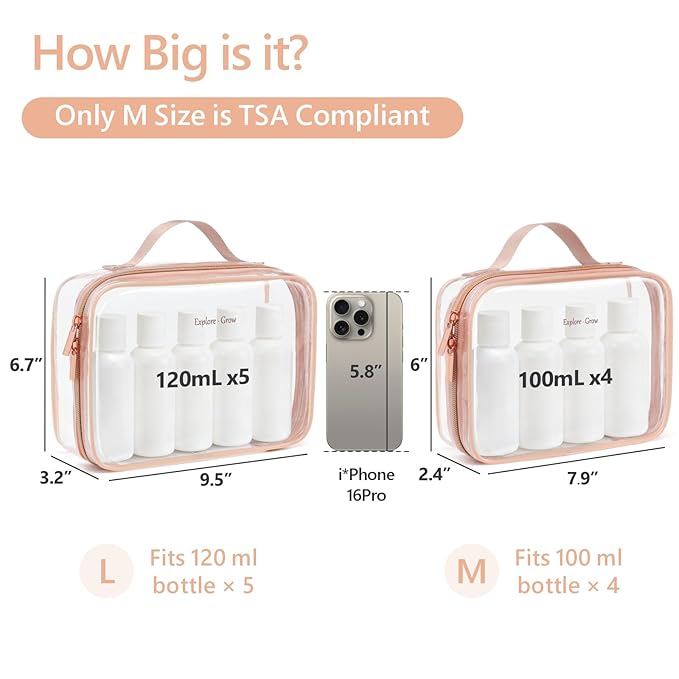 PACKISM Clear Makeup Bag Combo Pack, 1 TSA Approved Medium & Large for Checked Luggage, Clear Toiletry Bag with Handle, Water-resistant Travel Essentials Organizer, Rose Pink