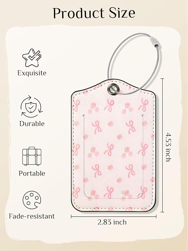 Seorsok 2Pcs Luggage Travel Tags for Suitcases,Pink Bow PU Leather Name Tag with Privacy Cover&ID Label Address Card and Durable Metal Ring Suitable for Men Women Handbags Backpack,Blooming Rose