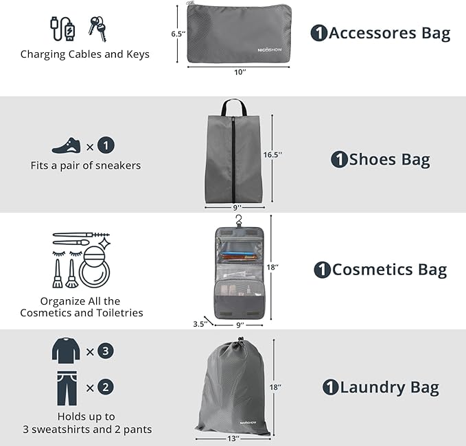 Compression Packing Cubes 10 Set, Compressible Space-Saving Packing Cubes for Travel - Compression Bags, Luggage Organizer, Travel Essentials for Women, Grey