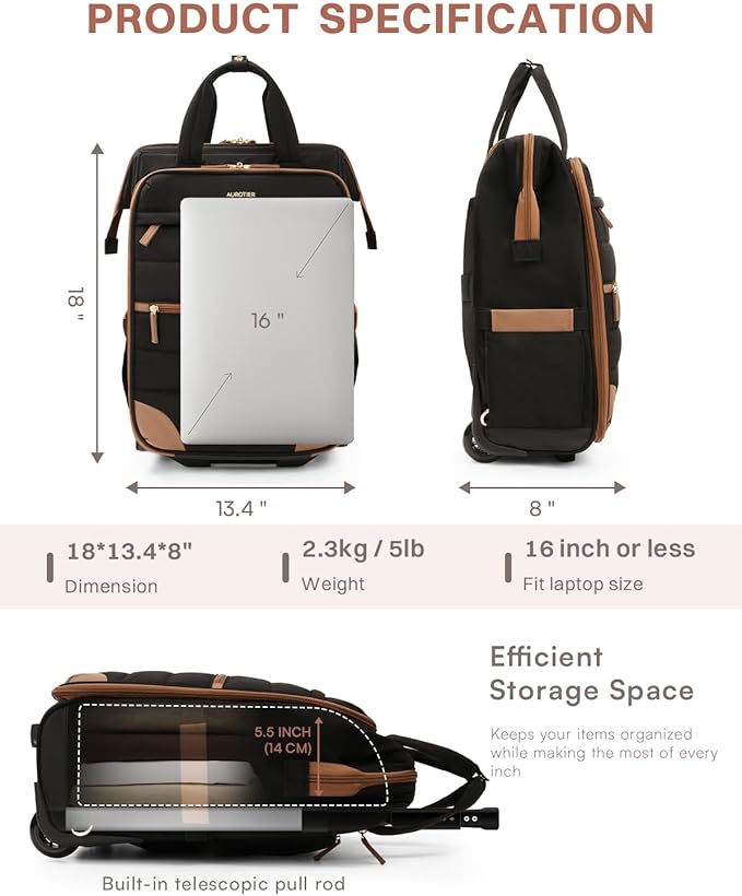 Rolling Puffer Backpack for Women, Travel Backpack with Wheels, 16 Inch Wheeled Laptop Backpck, Dual-Opening Design Overnight College Underseat Carry on Luggage, Roller Business Work Bag, Black Brown