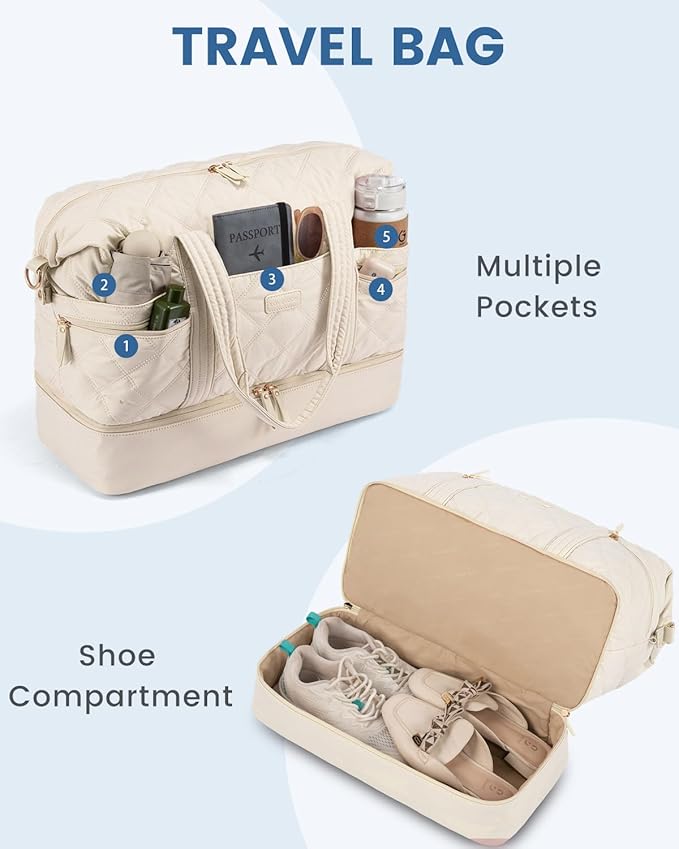 LOVEVOOK Travel Duffle Bag, Lightweight Weekender Bags for Women with Shoe Compartment, 40L Puffer Gym Bag Personal Item Travel Bag, Carry On Overnight Bags and Hospital Bag for Labor and Delivery