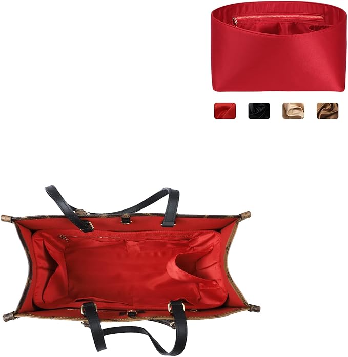 ZTUJO Purse Organizer Insert For Handbags, Silk Purse Organizer with Zipper, Silky Smooth, Bag Organizer For Speedy Neverfull Tote,onthego,Artsy, 6 Sizes(Slender Medium, Silky Red)