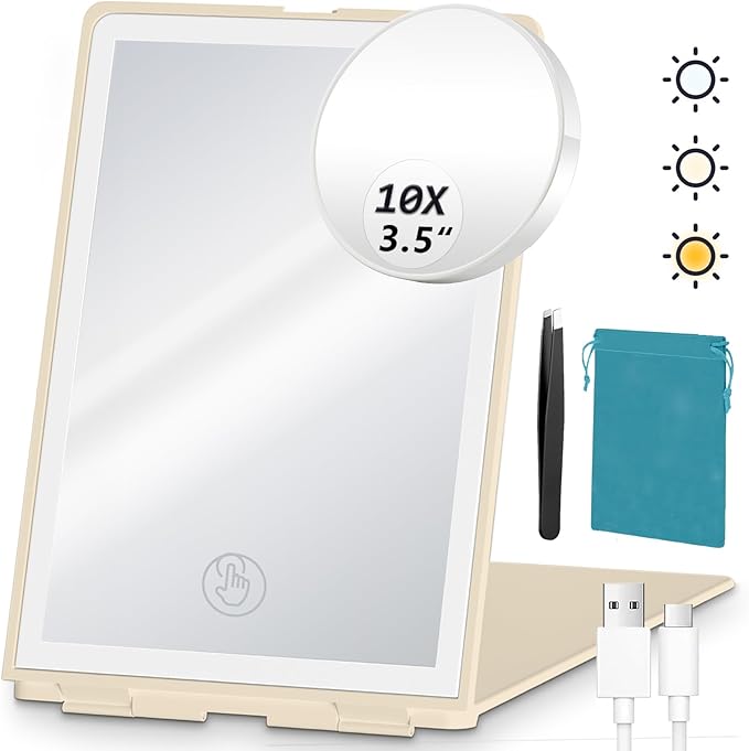 Travel Makeup Mirror with Lights Valentines Day Gifts for Her, Girlfriend, Wife, Birthday Gifts Rechargeable Portable Folding Compact LED Mirror Set with Tweezer 3 Color Light Modes-Cream