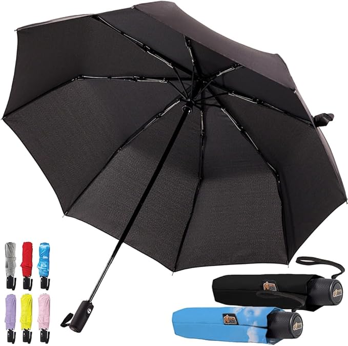 GORILLA GRIP Strong Windproof Stick Compact Umbrella for Rain, 2 PK, One-Click Automatic Open Close, Durable Quick Dry Waterproof Material, Lightweight, Travel Size Fits Backpack, Black Sky Blue