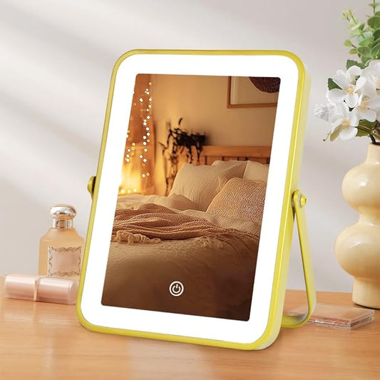 YEKKOPT Gold Rechargeable Makeup Mirror with Lights, LED Vanity Mirror, 3 Color Modes, Portable Desktop Mirror, Adjustable Brightness, Ideal for Dorm and Home Use
