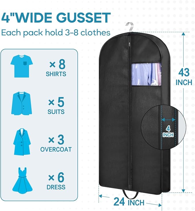 KIMBORA 43" Garment Bag for Travel, Gusseted Suit Bags for Men With Handle Garment Bags for Hanging Clothes Storage Suit Cover for Coats, Jackets, Shirts