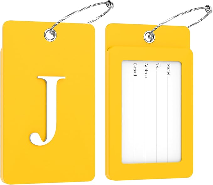 Gostwo 2 Pack Luggage Tags for Suitcases, 26 Initial Letter Travel Luggage Baggage Identification Labels ID Tag Fully Bendable Tags with Stainless Steel Loop (Yellow) (Letter J)
