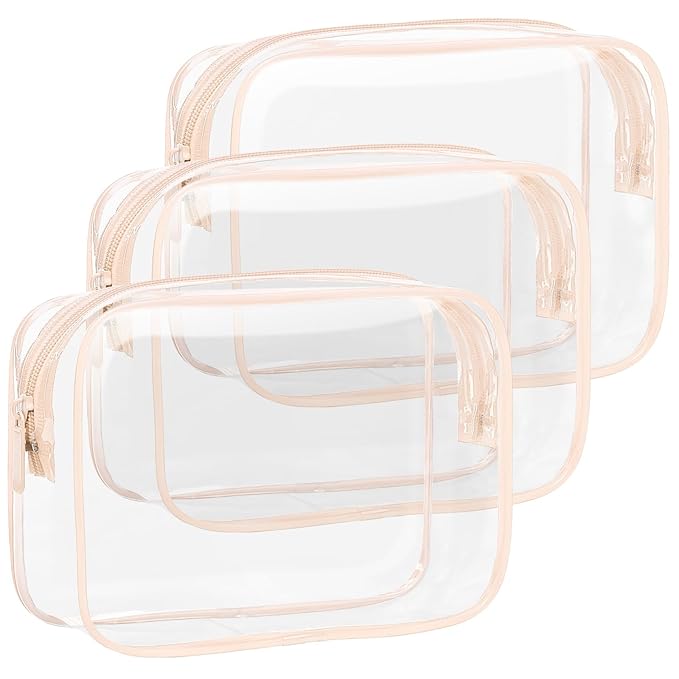 F-color TSA Approved Toiletry Bag 3 Pack Medium - Clear Makeup Bag Travel Quart Size for Women Men, Clear Cosmetic Bag Airport Airline Compliant Carry on Bag, Pink