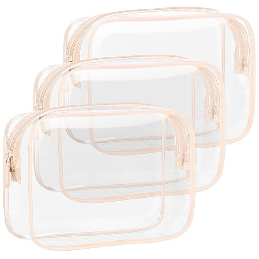 F-color TSA Approved Toiletry Bag 3 Pack Medium - Clear Makeup Bag Travel Quart Size for Women Men, Clear Cosmetic Bag Airport Airline Compliant Carry on Bag, Pink