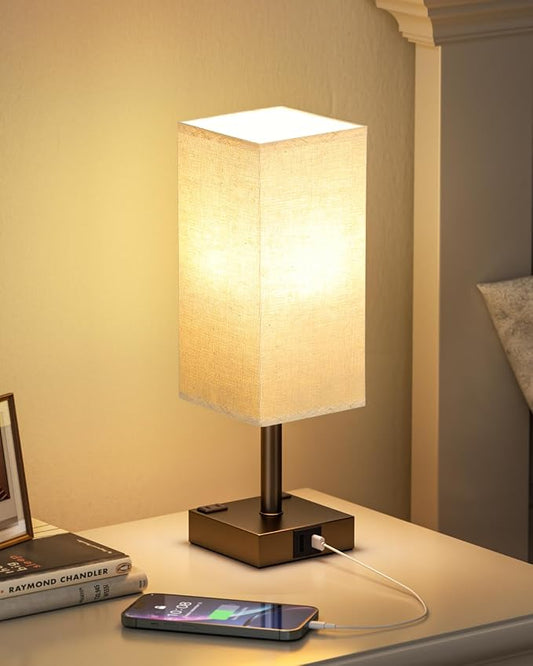 Brown Touch Table Lamp for Bedroom - Dimmable, USB C+A, 2 AC Outlets | 3-Way Dimming, 3000K Bulb Included, Square Brown Lampshade and Black Base, Desk Lamp for Nightstand, Living Room, Dorm
