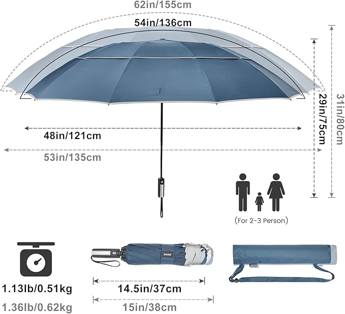 G4Free 54/62 Inch Windproof Inverted Umbrella with Reflective Stripe Large Compact Reverse Golf Umbrella for Rain 10 Ribs Double Canopy Travel Umbrella Automatic Open Close