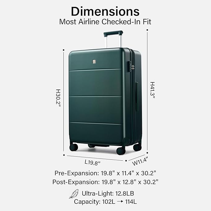 Hanke Expandable 28 Inch Luggage with Spinner Wheels, Hardside Large Suitcase, All-PC Hard Shell Checked Luggage, TSA Lock, Durable Checked-Large (Blackish Green, 114L)