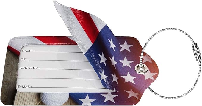American Flag Golf 2 Pcs Luggage Tags, Privacy Cover ID Label with Stainless Steel Loop and Address Card for Suitcases & Travel Bags