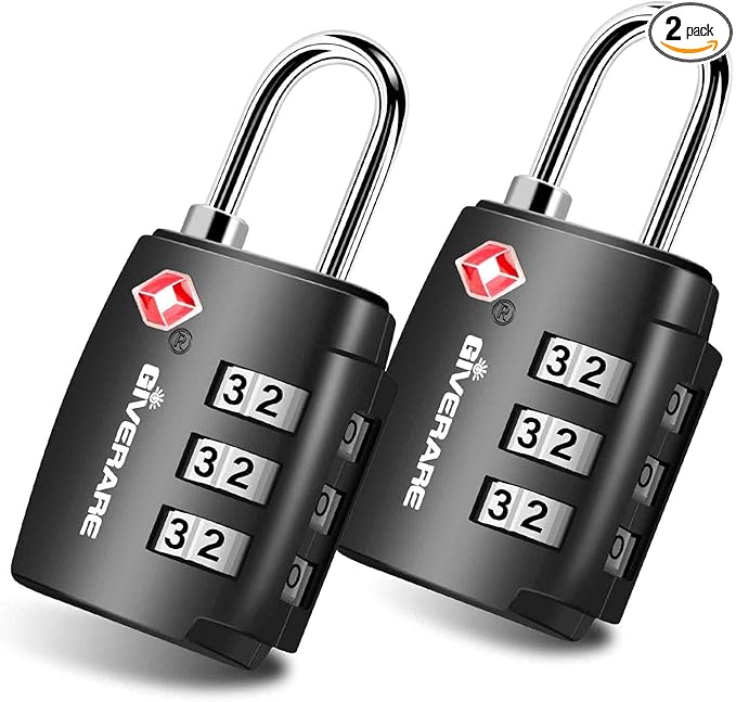 2 Pack TSA Approved Travel Luggage Locks, Combination Lock Alloy Body, Metal Keyless 3-Digit Padlocks, TSA Accepted Compatible Padlock for Gym Locker, Golf Bag Case, Backpack, Black-by GIVERARE