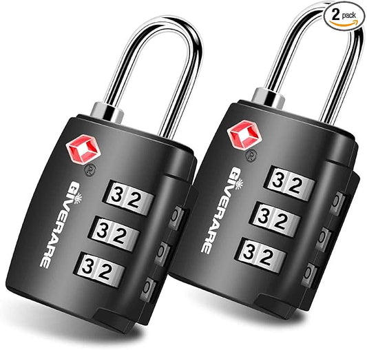 2 Pack TSA Approved Travel Luggage Locks, Combination Lock Alloy Body, Metal Keyless 3-Digit Padlocks, TSA Accepted Compatible Padlock for Gym Locker, Golf Bag Case, Backpack, Black-by GIVERARE