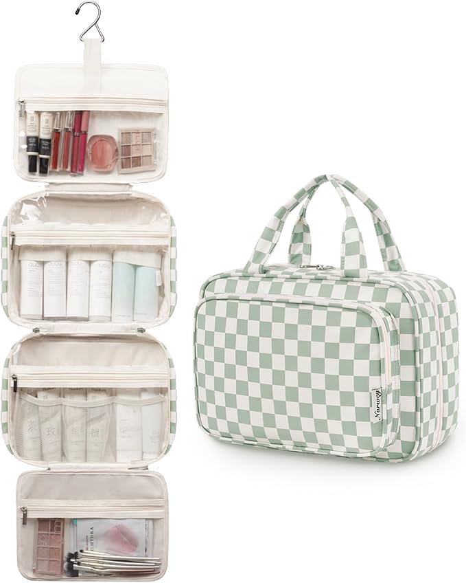 Narwey Travel Toiletry Bag for Women Large Capacity, Hanging Makeup Bag Organizer Toiletries Bag for Full Size Essentials, Accessories, Brushes, Cosmetics (Mint Green Checkerboard (Large))
