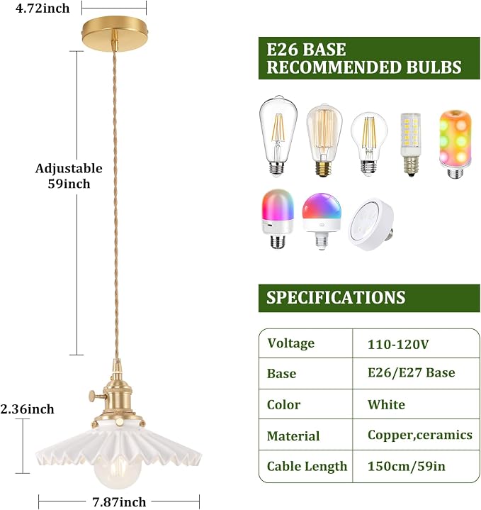 Shenmoyl Pendant Light 2 Pack with White Pleated Ceramic Lmapshade, Brass Vintage Pendant Light Adjustable Hanging Light for Kitchen Island Dining Room Hallway