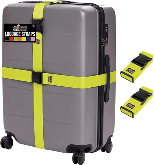 GORILLA GRIP Heavy Duty Adjustable Luggage Straps for Suitcases, Easy to Identify Travel Belt Connector Holds Suitcase Together, Extends Life of Bag, Strap Connects Two Bags, Accessories 2 Pack Yellow