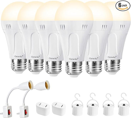 Ostwiki A19 Emergency Rechargeable Light Bulbs Battery Operated Warm 6 Pack | E26/E27, 9W, 3000K Emergency Light Bulbs for Power Outage, Battery Powered, For Home Lamps, Outdoor, Hurricane Camping
