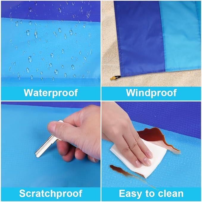 Ainiv Beach Blanket Beach Mat, Sandproof Waterproof Beach Mat, Extra Large 82 * 79 in (5-7 People) Picnic Blanket with 1 Storage Bag, 1 Carabiner & 4 Fixed Nails for Beach, Camping, Hiking, Picnic