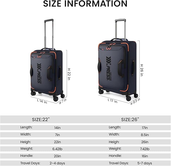 2-Piece Set（22in/26in） Front Opening,Softside Luggage Sets w/Double Spinner Wheels Suitcase,Waterproof,Lightweight Travel Luggage Rolling Suitcase（Blue,22in/26in）