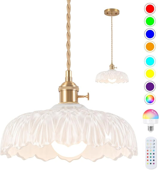 Battery Operated Pendant Light,Vintage Light Fixtures RGB Light Bulb 2500mAh 9.4in White Modern Chandelier with Remote Control Wireless Adjustable Rechargeable Chandelier for Kitchen Island 1Light