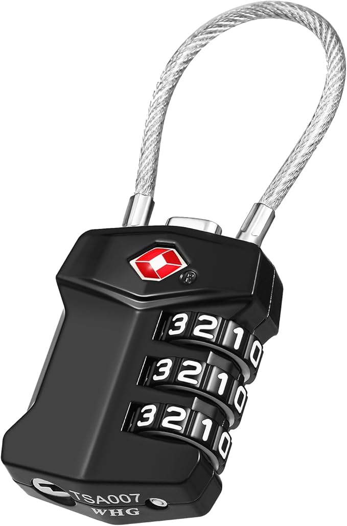 ZHEGE TSA Approved Cable Luggage Lock, Travel Lock, Keyless Padlock with 3 Digit Combination for Suitcase, Backpack, Bag, Toolbox, Gym Locker - Easy to Read & Use for All Ages (Black, 1 Pack)